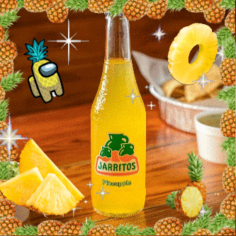 a bottle of jarritos pineapple soda with pineapples around it
