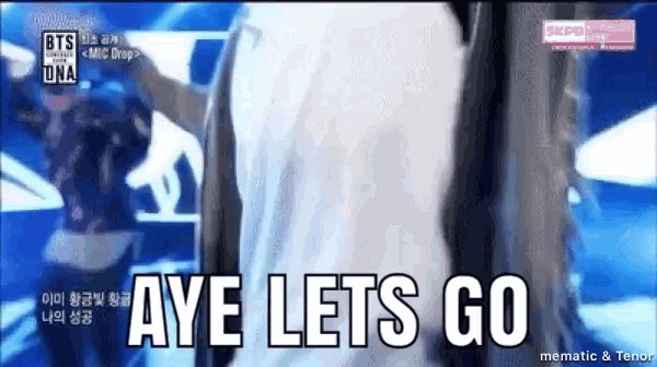 a gif of a person saying " aye lets go " on a stage