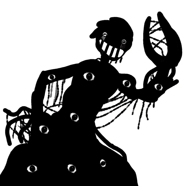 a black and white drawing of a person with many eyes and blood coming out of their eyes