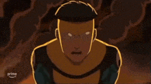 a cartoon of a man with glowing eyes standing in front of a fire