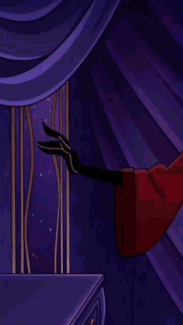 a cartoon character is standing in front of a purple curtain with his tongue out .