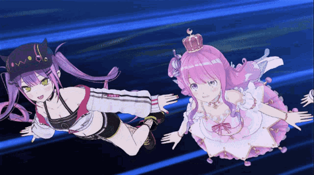 two anime girls are flying in the air with one wearing a black cat hat