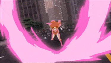 a woman in a pink superhero costume is flying through a pink lightning storm