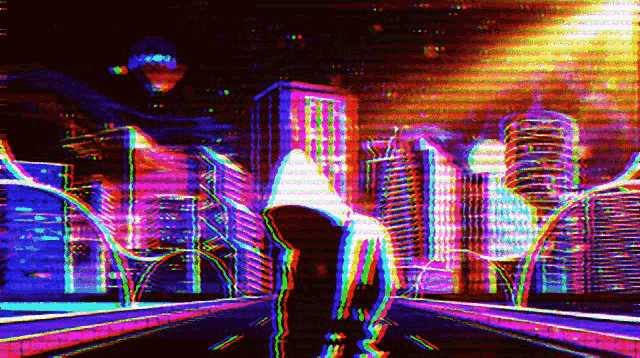 a person is walking down a street with a city in the background .