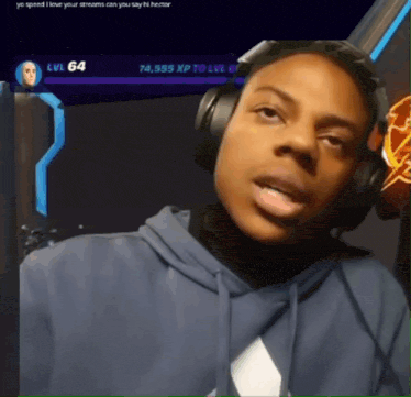 a man wearing headphones with a screen behind him that says yo speed i love your streams can you say hi hector