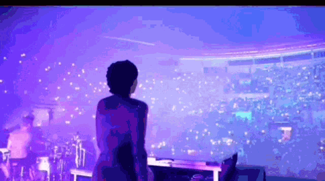 a woman stands on a stage in front of a crowd of people