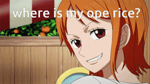 a smiling anime girl with the words where is my ope rice