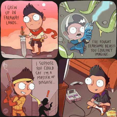 a cartoon of a man holding a sword and a gun with the words i grew up in faraway lands