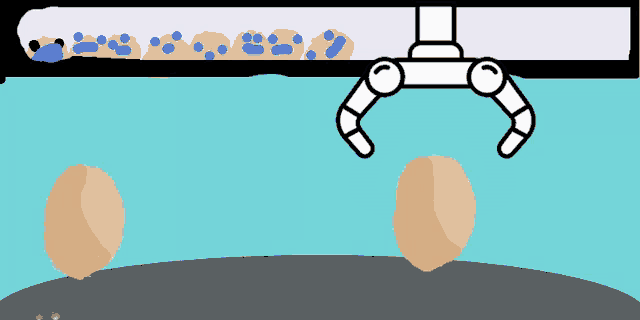 a cartoon drawing of a robotic arm reaching for eggs
