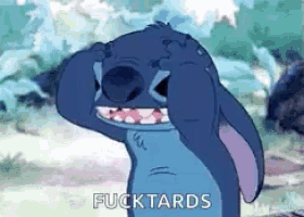stitch from lilo and stitch is crying and covering his face with his hands .