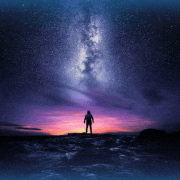 a man stands in front of a starry sky at sunset
