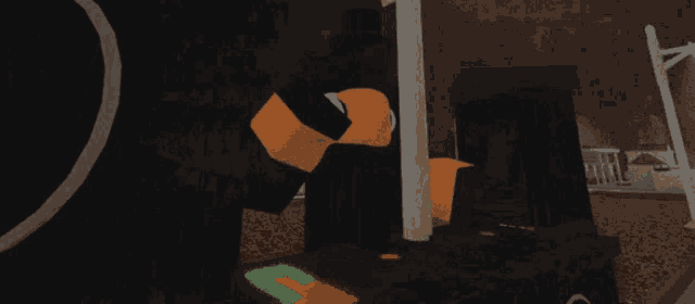 a cartoon character is standing in a dark room with a green and red item in front of him