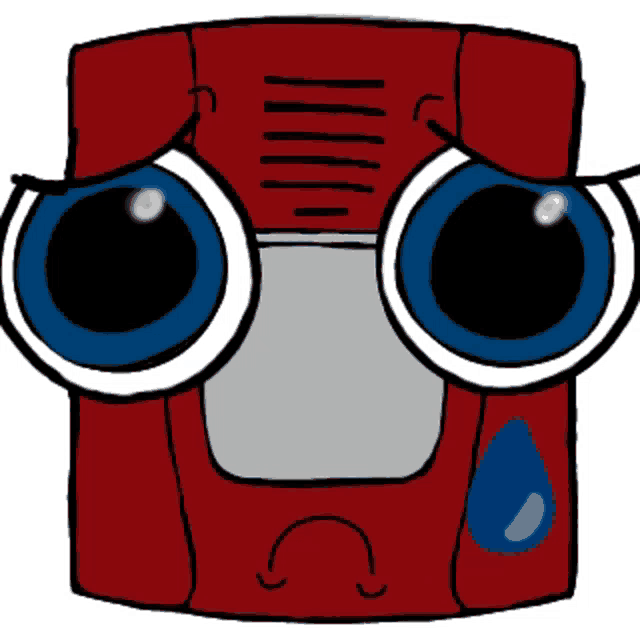 a cartoon of a red object with big blue eyes