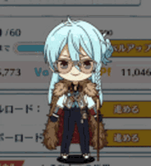 a cartoon character with blue hair and glasses is wearing a fur coat and holding a cane .