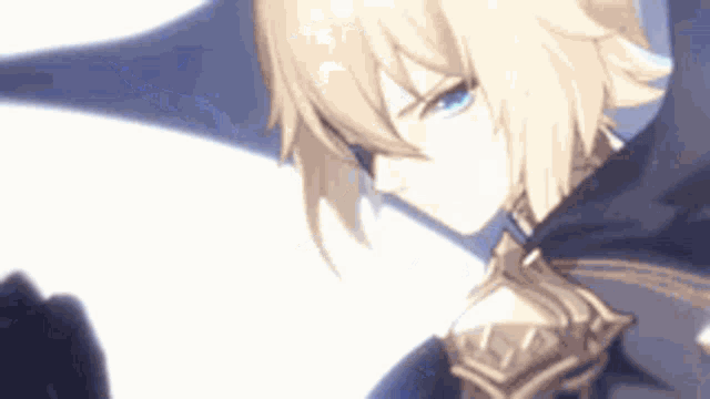 a close up of a blonde anime character with blue eyes and a hood .