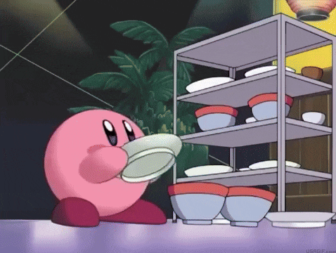 a pink cartoon character is holding a plate in front of a shelf of bowls