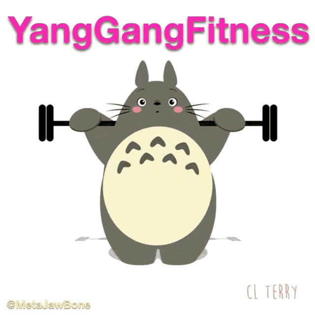 a cartoon illustration of a totoro lifting a barbell with the words yanggangfitness behind it
