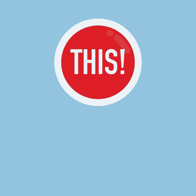 a hand is pointing to a red button that says this