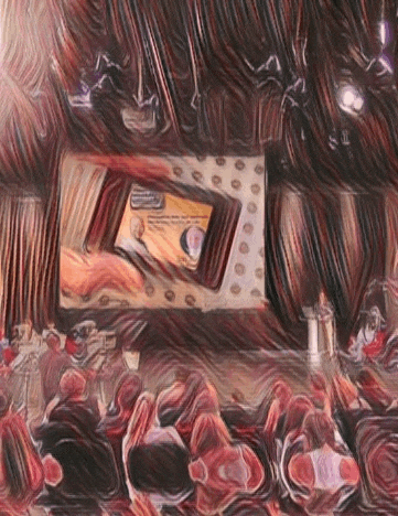 a painting of a group of people sitting in front of a screen