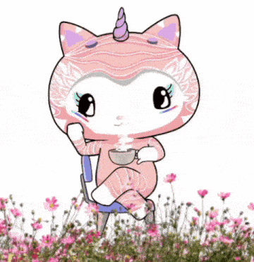 a cartoon cat with a unicorn horn is sitting in a chair holding a cup of coffee