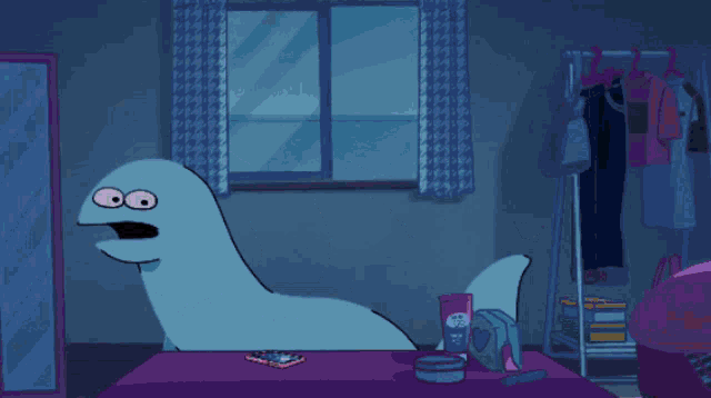 a cartoon drawing of a blue monster with a surprised look on his face