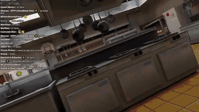 a screenshot of a video game shows a kitchen with a bunch of people talking