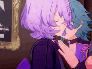 a girl with purple hair is kissing another girl