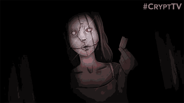 a cartoon of a scary doll holding a piece of paper with #crypttv on the bottom