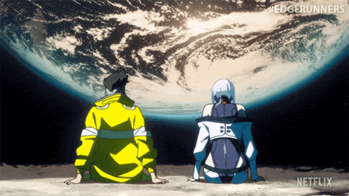 two people are sitting on the moon looking at the earth with a netflix logo behind them