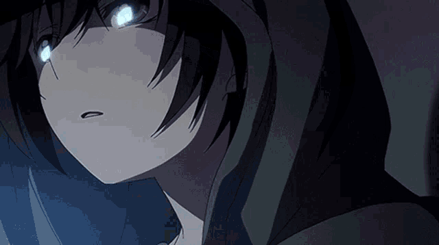 a close up of a anime character with blue eyes