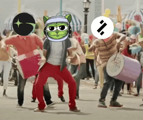 a group of people are dancing in a crowd with one wearing headphones and a green cat on his head
