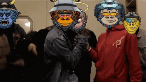 a group of people wearing monkey masks including one wearing a red sweatshirt with the letter e on it