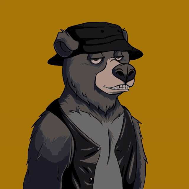 a cartoon of a bear wearing a hat and vest