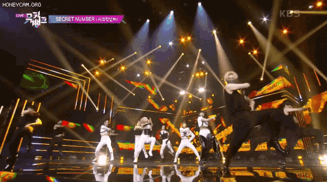a group of people dancing on a stage with a banner that says kbs