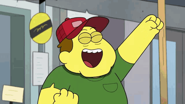 a cartoon character wearing a green shirt and red hat
