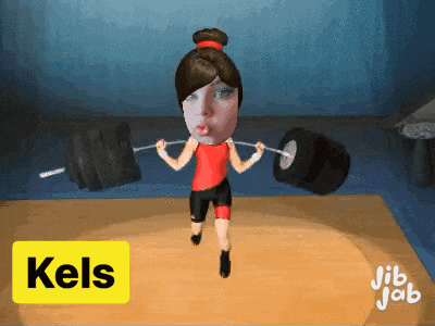 a cartoon of a girl lifting a barbell with the name kels on the bottom right
