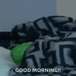 a person is laying on a bed with a green blanket and a good morning message .