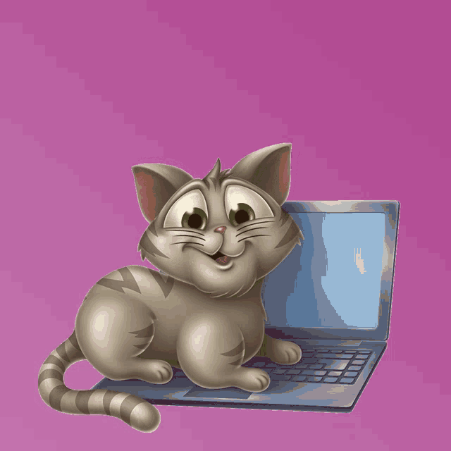 a cartoon cat is sitting in front of a laptop with the words seu pet com tudo on the bottom