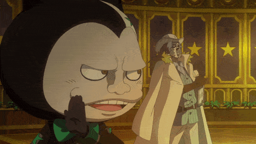 a man in a white coat stands next to a cartoon character with a black head