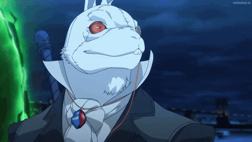 a cartoon of a white monster with red eyes and a necklace with a blue stone