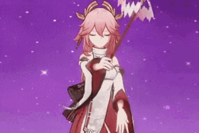 a pink haired anime girl is holding a shrine in her hand .