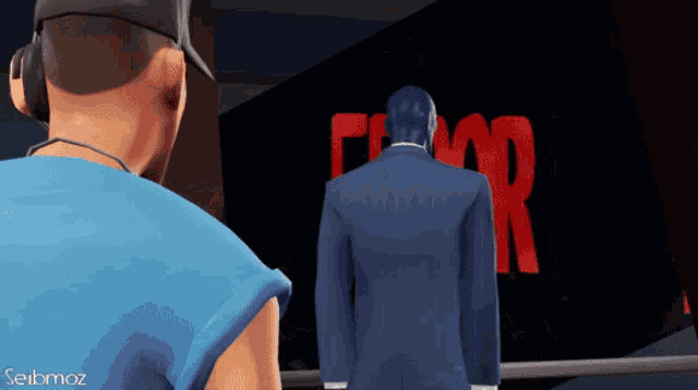 a man in a blue shirt stands in front of a sign that says error