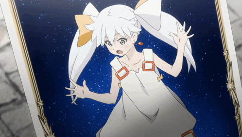 a picture of a girl with white hair and a bow in her hair