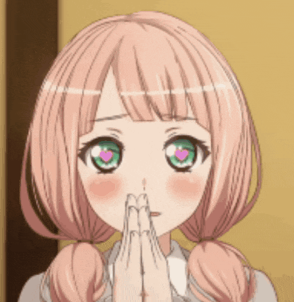 a pink haired anime girl with green eyes and a heart in her eyes is praying .