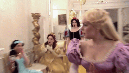 a group of women dressed up as princesses including rapunzel and snow white