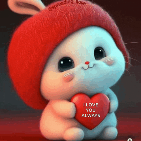 a stuffed animal with a red hat is holding a red heart that says `` i love you always '' .