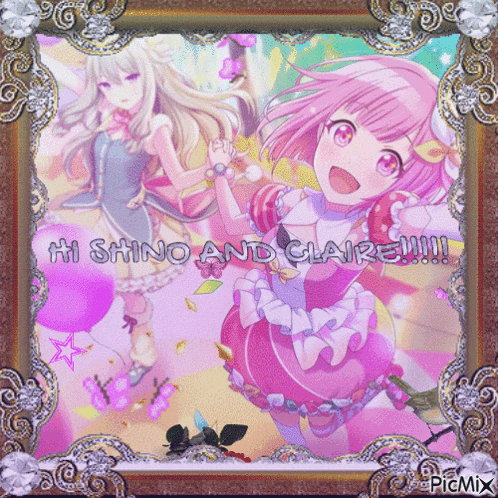 a framed picture of two anime girls with the caption hi shino and claire !!!