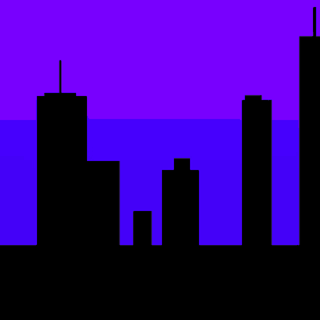 a silhouette of a city at night with a full moon in the background