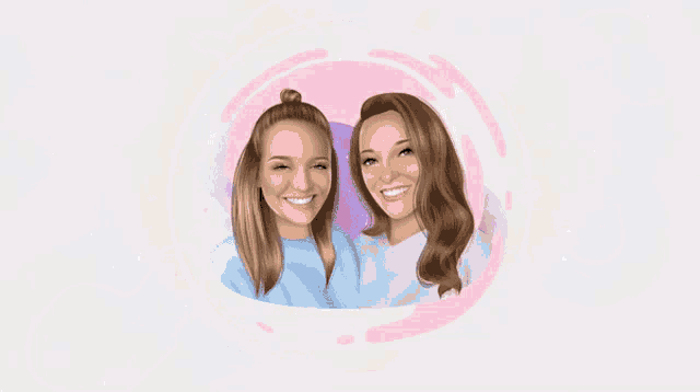a drawing of two women smiling with a rainbow background