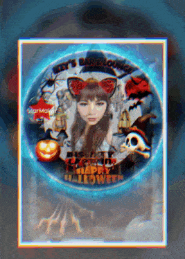 a picture of a girl with a cat ear headband and the words happy halloween on it